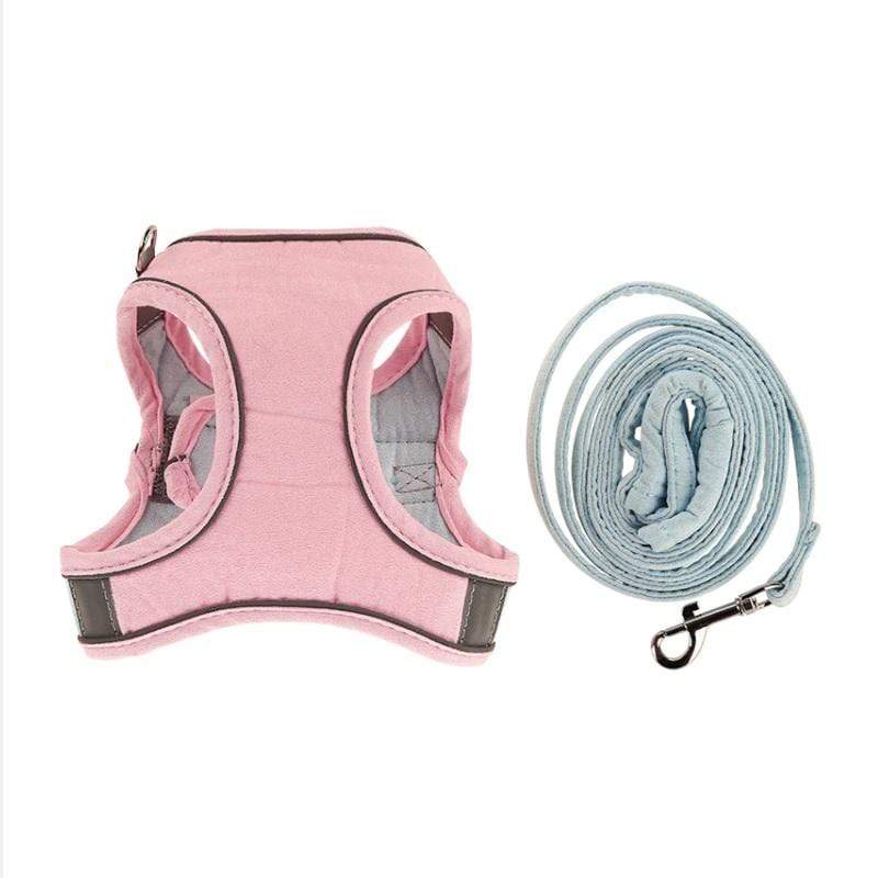 Vest-Style Chest Cat Harness by Dogs & Cats, with adjustable chest belt and leash, in pink suede fabric.