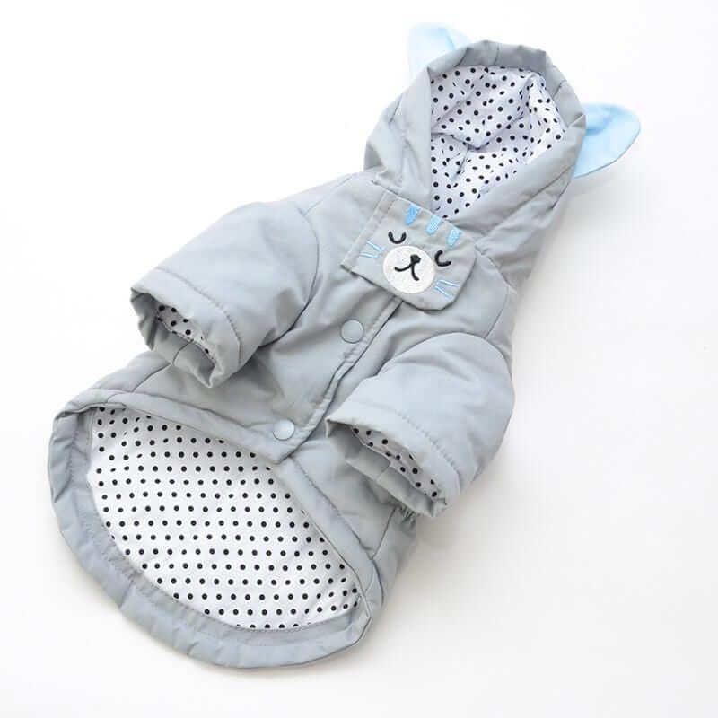 Warm Paw Haven Dog Winter Coat in grey with hood, featuring breathable fabric and cute ear design for dogs and cats.
