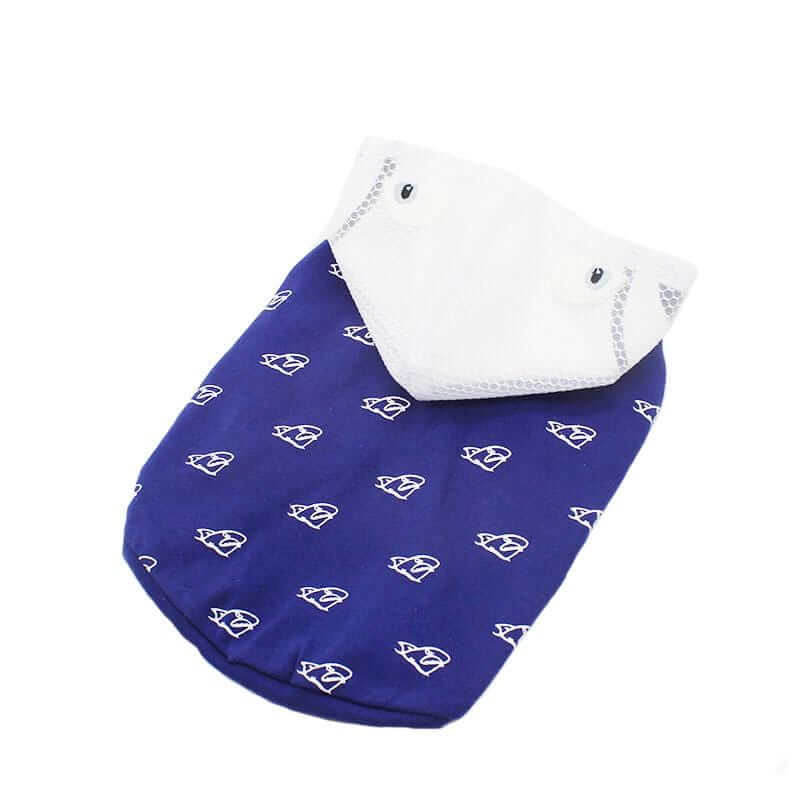 Warm Sleeveless Dog Hoodie in blue with white accents, designed for comfy warmth for dogs and cats during chilly weather.