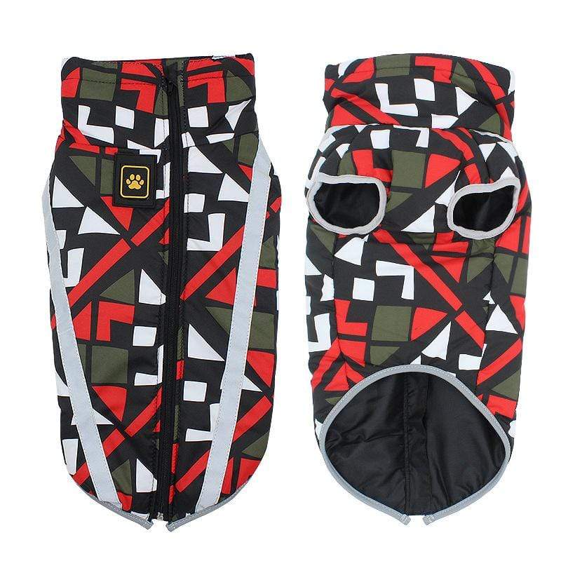Water Resistant Dog Mesh Jacket featuring colorful geometric pattern, warm fleece and polyester for dogs and cats.