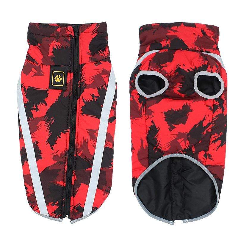 Water Resistant Dog Mesh Jacket in red and black design, featuring fleece material and reflective strips for safety.