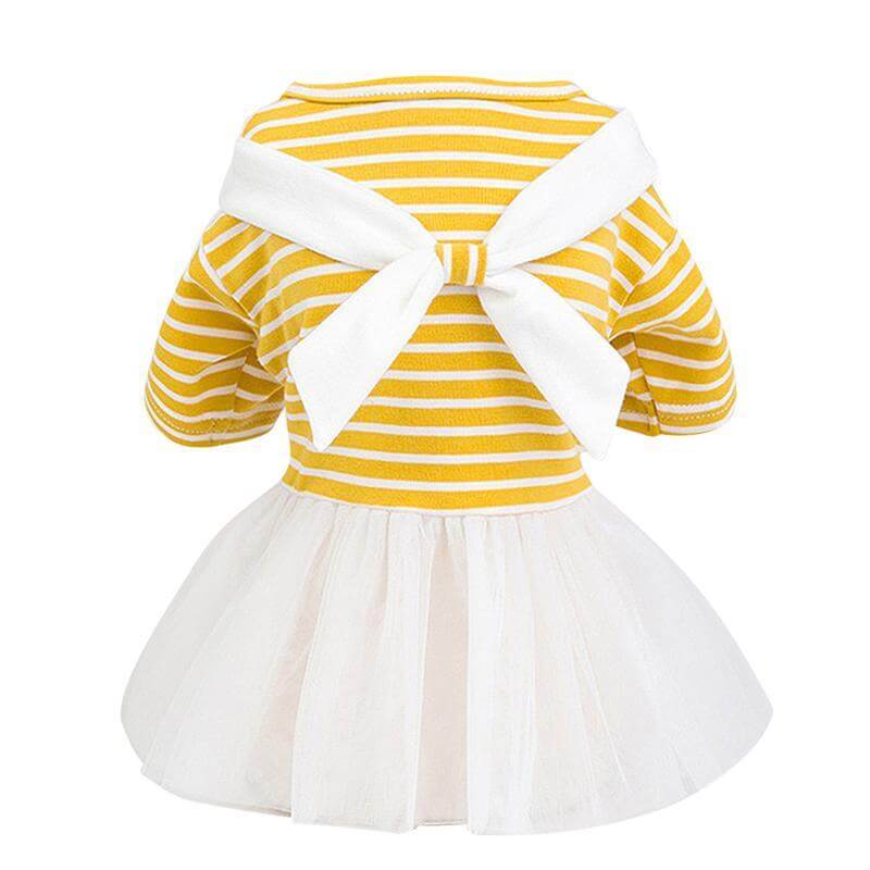 White Bowtie Dog Dress, striped dress for dogs with a white bow, perfect for spring and summer outings.