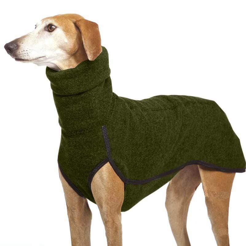 Winter High Collar Dog Sweater on a dog, featuring breathable rabbit fleece, stylish knit design, perfect for keeping pets cozy.
