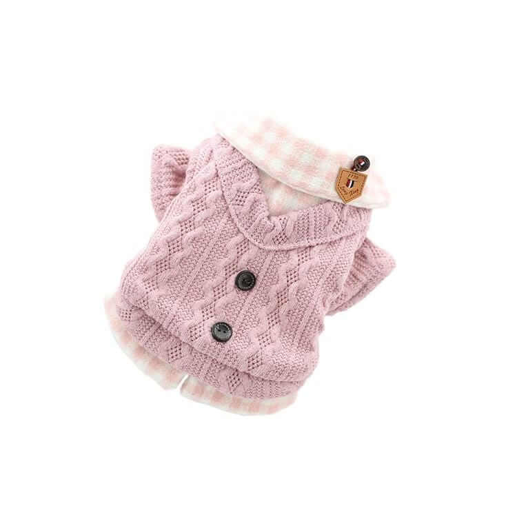 Woolen Plaid Dog Sweater in pink color, featuring short sleeves and double button flap, ideal for Dogs & Cats.