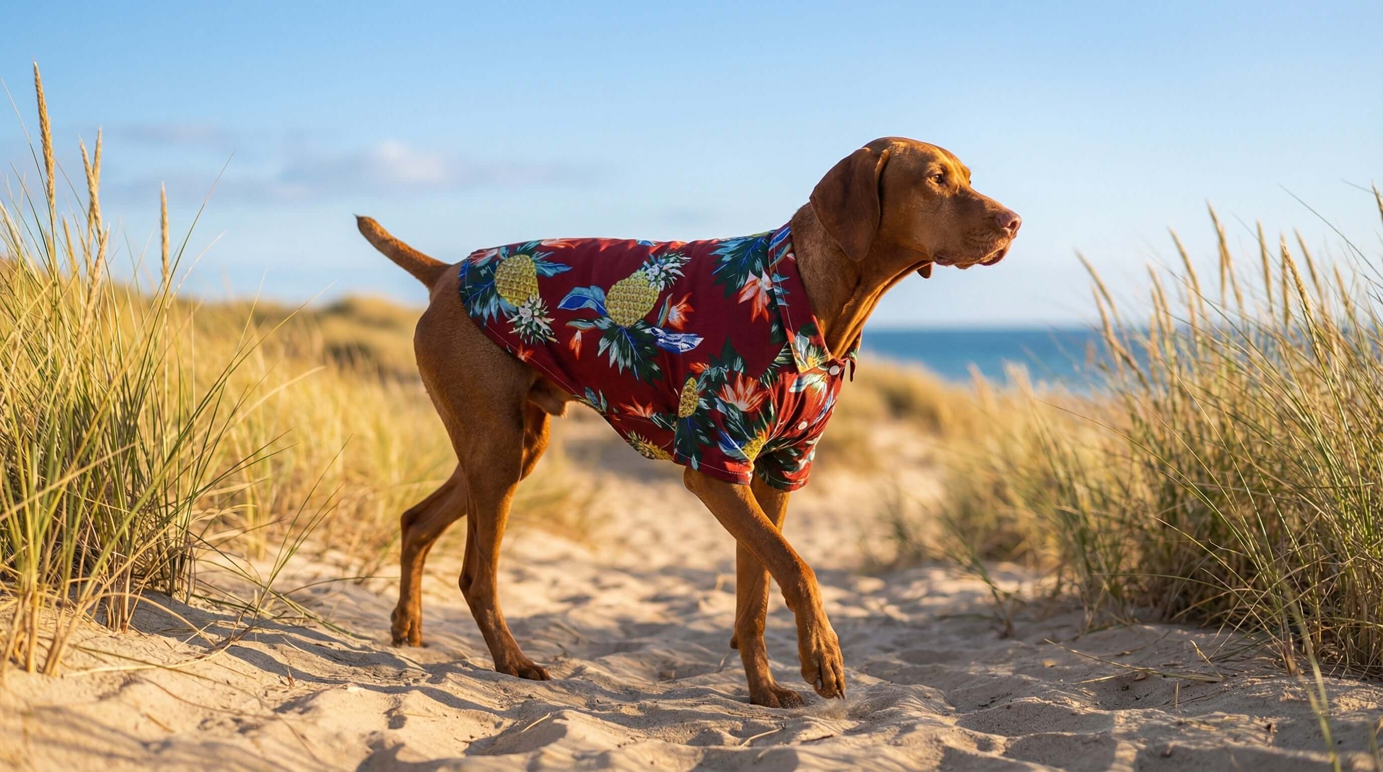 Summer Collection featuring a stylish dog in a Hawaiian shirt on the beach by Dogs & Cats.