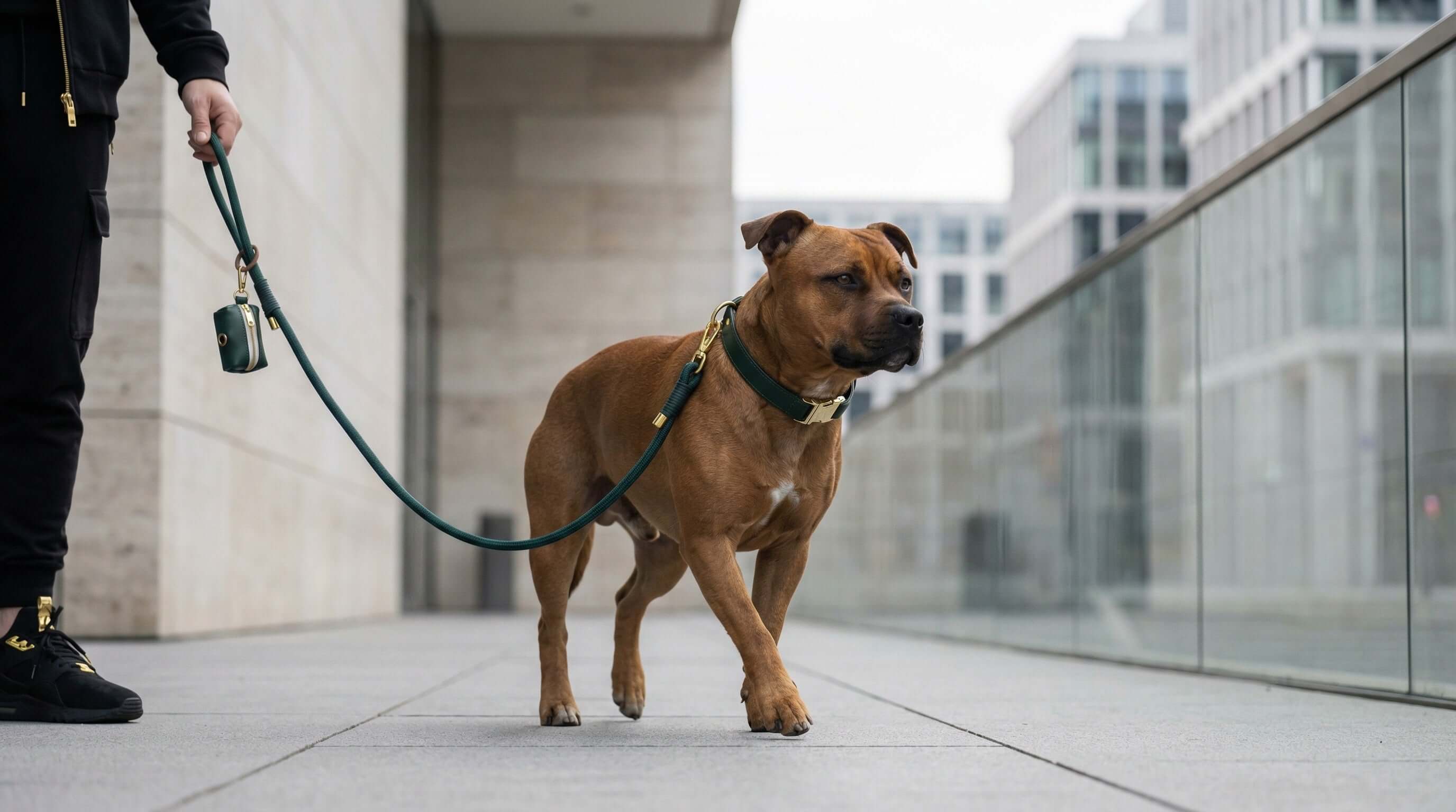 Dog walking with a green leash from Dogs & Cats, showcasing the stylish Leashes collection.