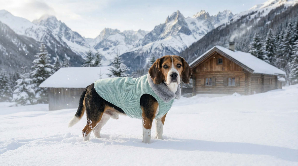 A stylish beagle wearing a coat in the snow, showcasing Fall Winter Female Coats from Dogs & Cats brand.