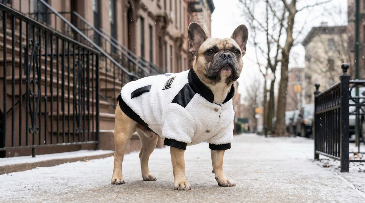 Fall Winter Male Coats by Dogs & Cats featuring a stylish dog coat on a French Bulldog in winter.