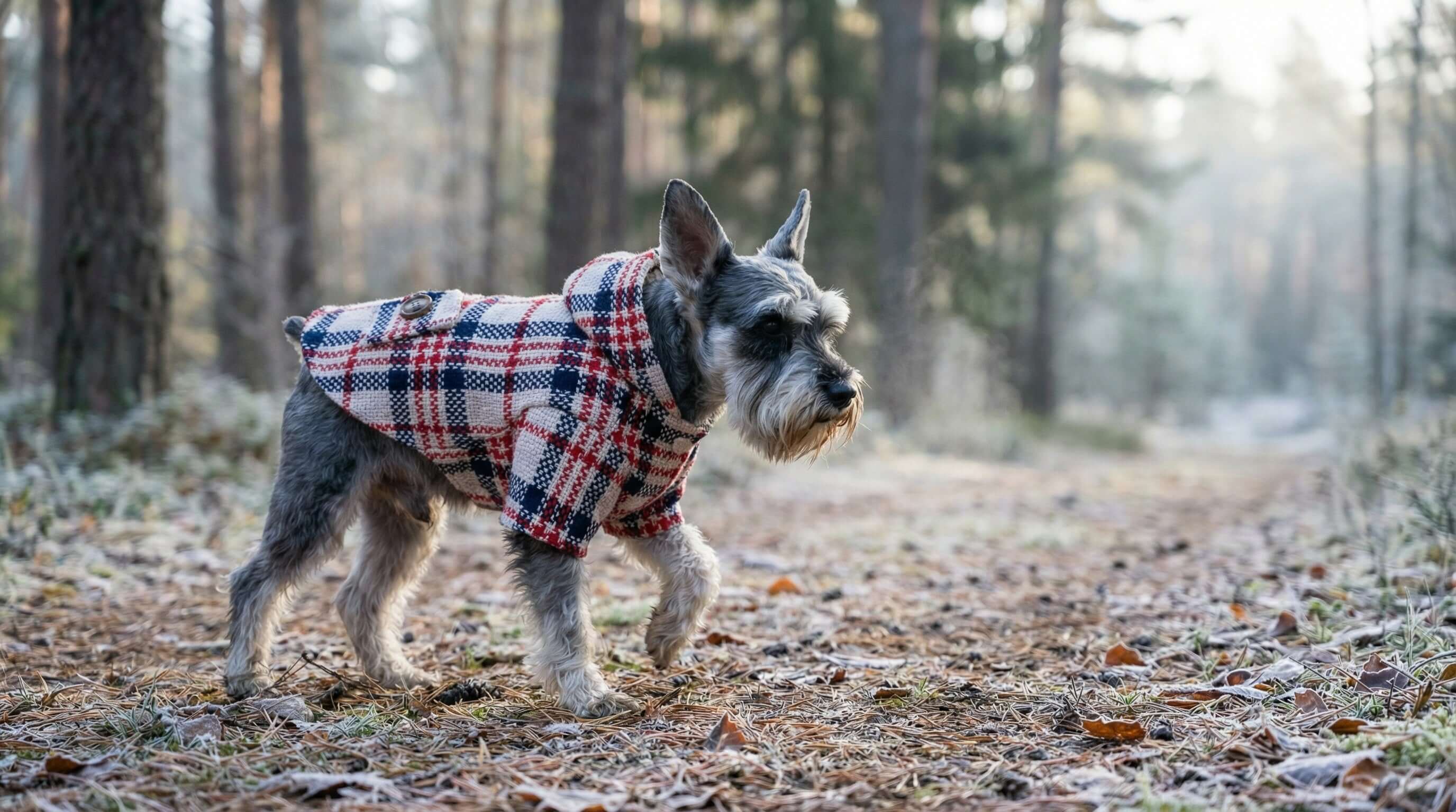 Dog wearing a checked coat in a forest, showcasing Fall Winter Unisex Coats from Dogs & Cats.