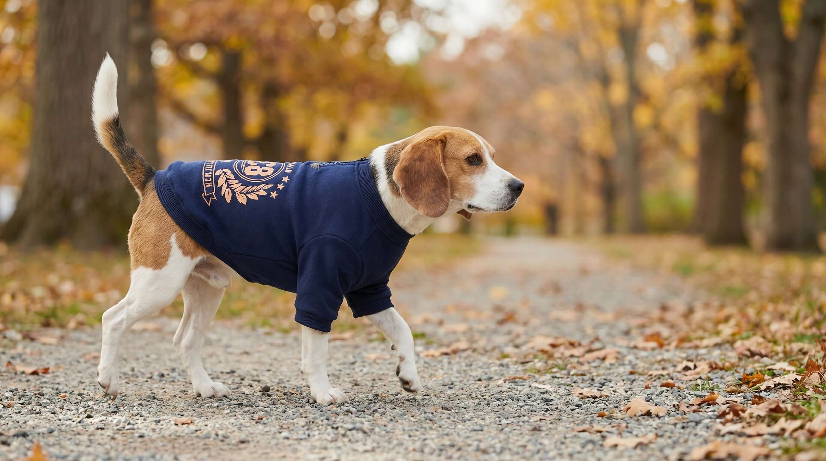 Beagle dog wearing a navy sweater from Dogs & Cats collection for Fall / Winter Sweaters in autumn park.