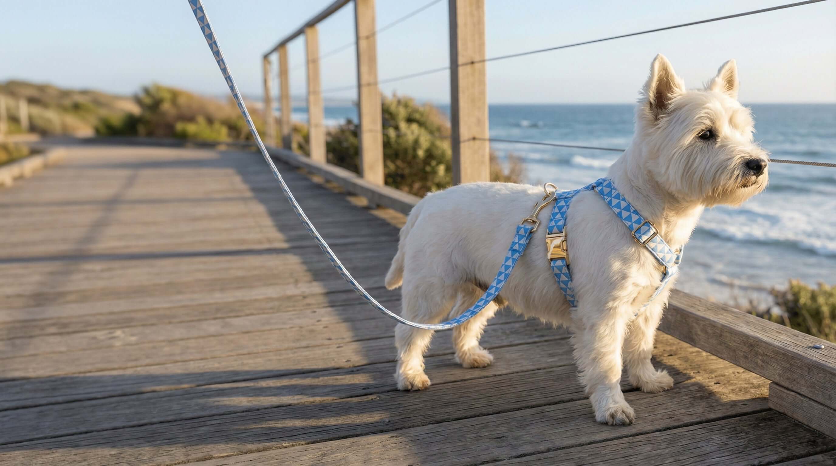 Matching Sets featuring a dog in a blue harness by Dogs & Cats on a wooden path by the beach.