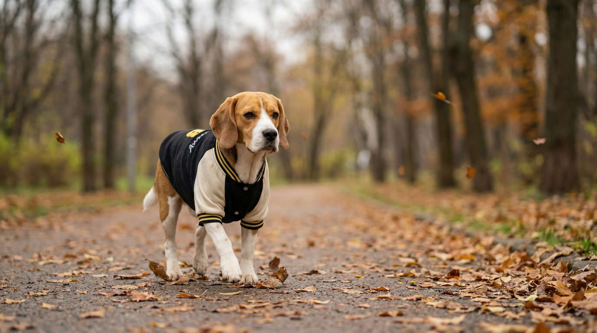 Beagle walking through an autumn path wearing a stylish sweater from Dogs & Cats, reflecting Fall Winter Male Sweaters.