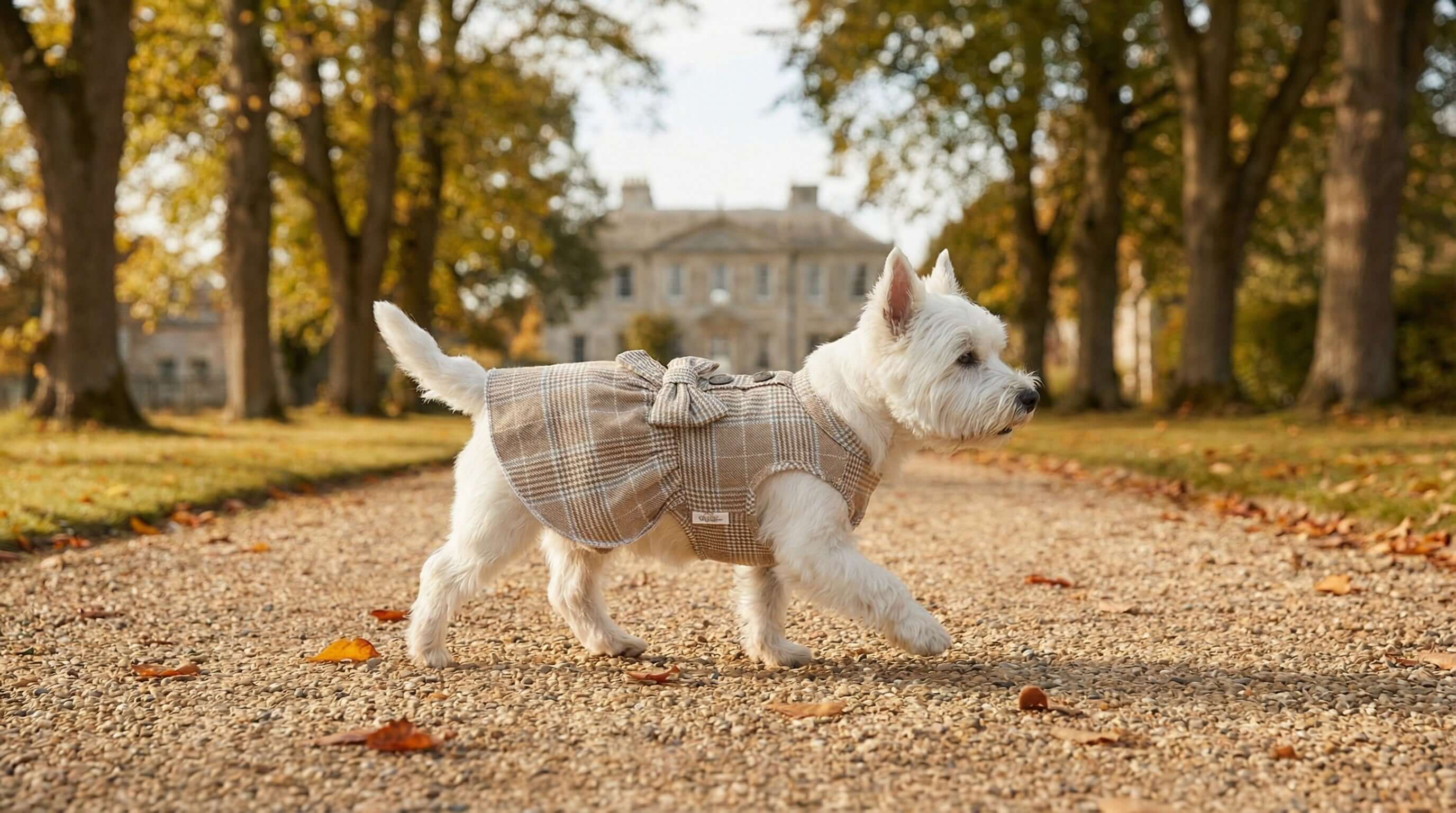 A small dog wearing a stylish outfit walks on a path in a park, part of the Dogs & Cats Spring / Summer T-Shirts collection.