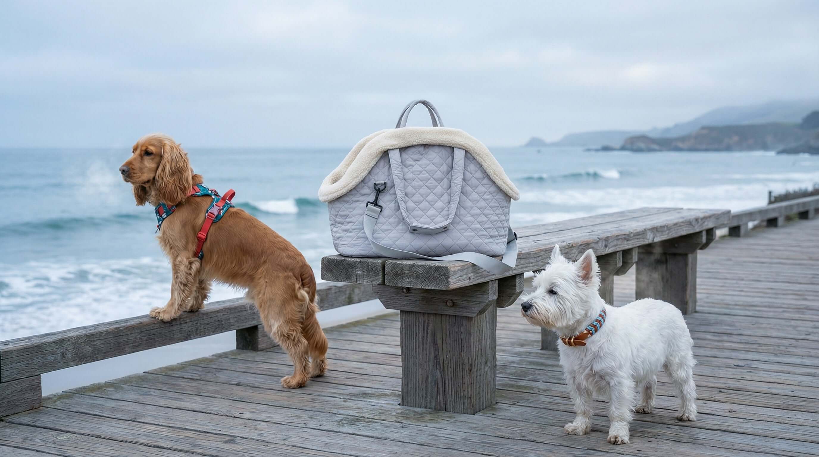 Newest Products from Dogs & Cats: two dogs beside a stylish pet carrier on a wooden pier by the ocean.