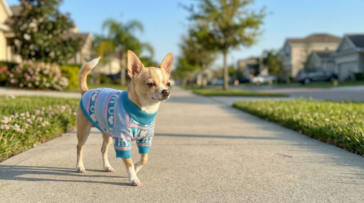 Charming Chihuahua in a blue and pink sweater from Dogs & Cats brand, showcasing Spring Summer Unisex Sweaters collection.