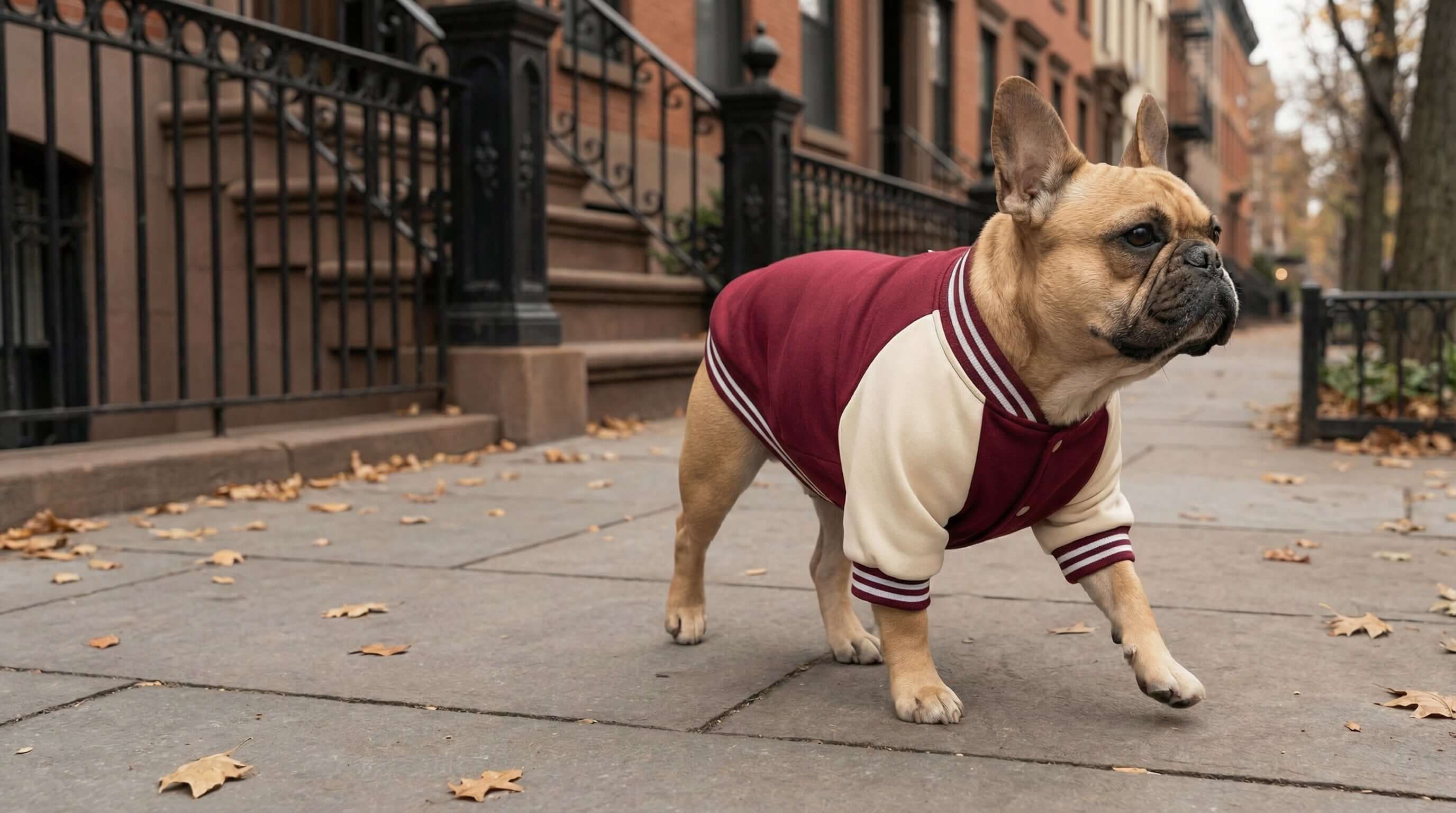 Everyday Essentials for Dogs & Cats: fashionable dog in a stylish jacket walking on a city sidewalk.