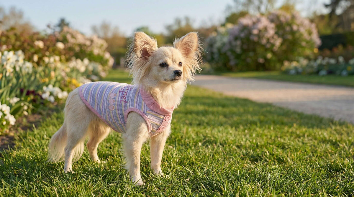 Spring Summer Female T Shirts by Dogs & Cats - Chihuahua in a floral garden, showcasing the collection.