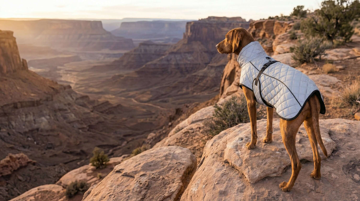 Dog in a quilted coat overlooking mountains in the Trail Essentials collection by Dogs & Cats.