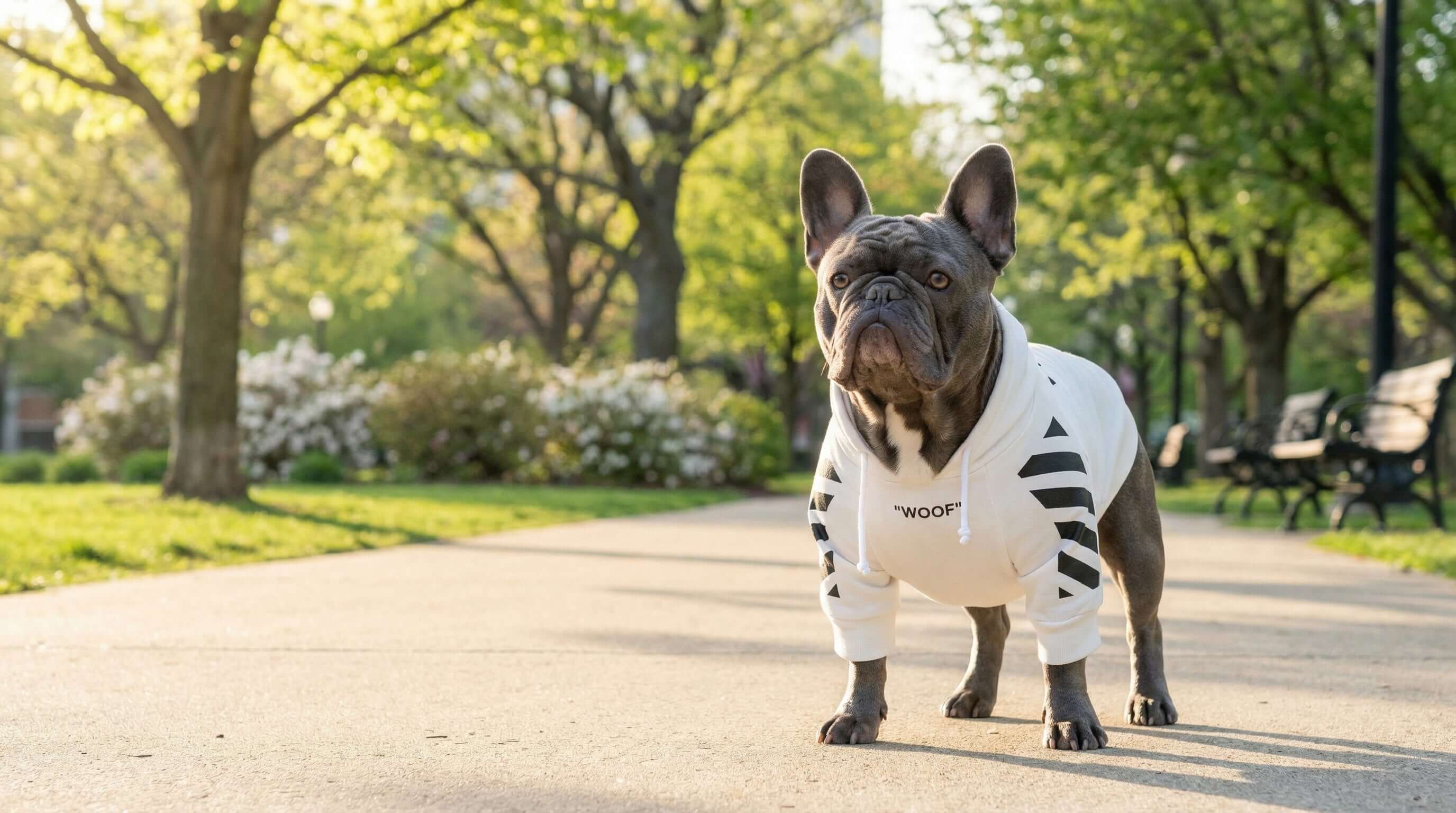 Spring Summer Male Sweaters by Dogs & Cats - stylish sweater for a French Bulldog in a sunny park.