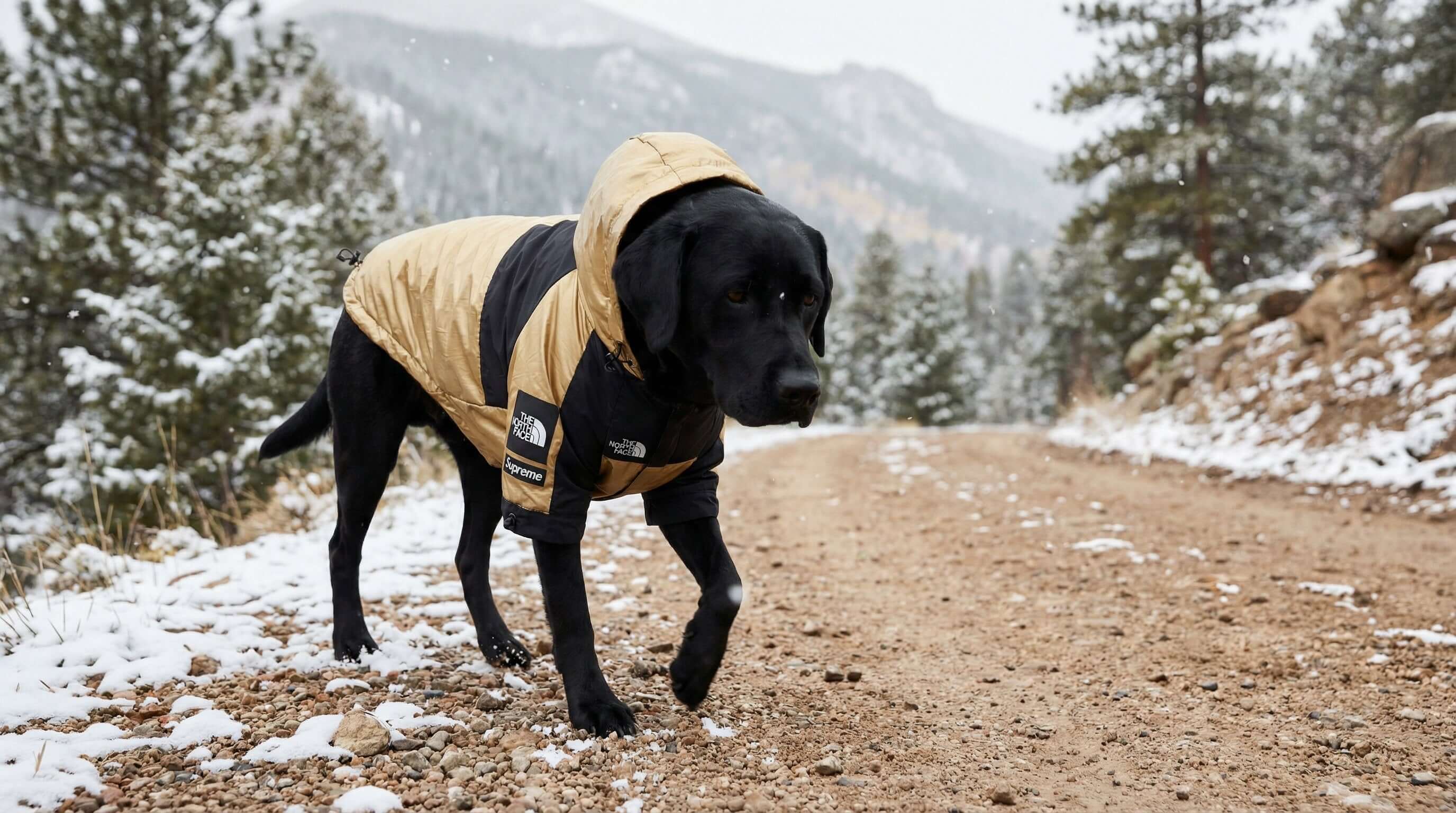 Large Dog Clothes from Dogs & Cats: a black lab wearing a stylish winter coat on a snowy path.