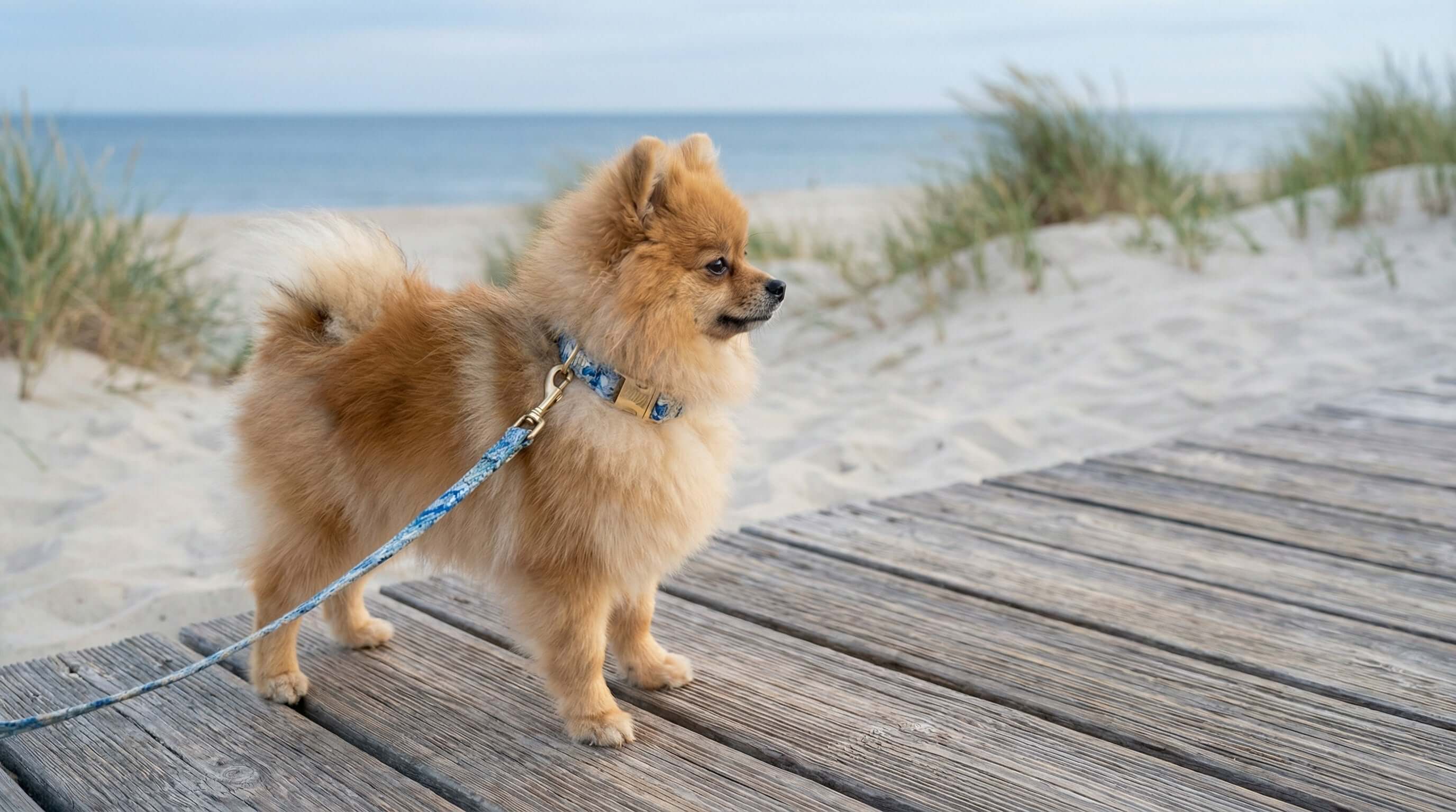 Dog wearing a stylish collar from Dogs & Cats collection at the beach, showcasing Collars for pets.