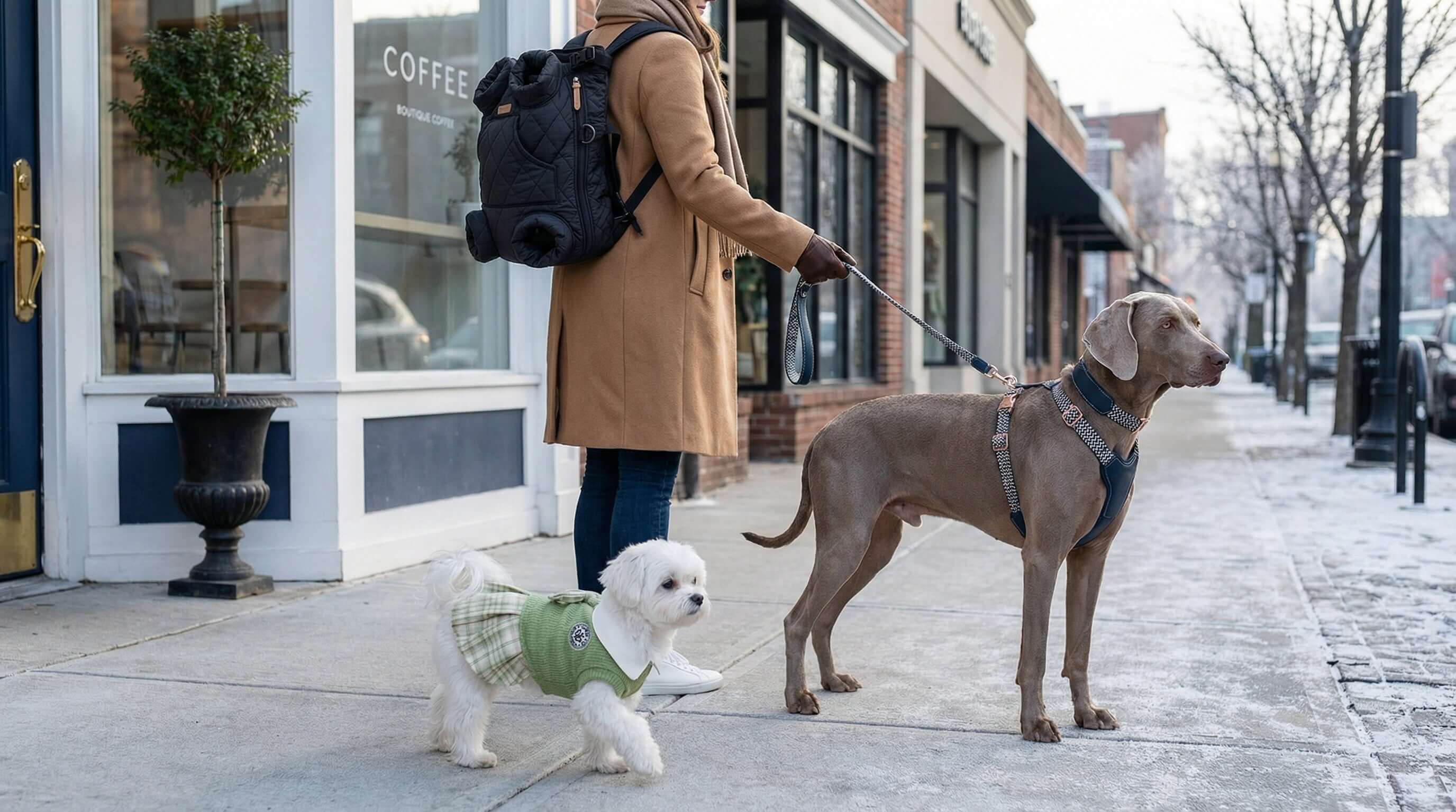 Best Selling Products featuring Dogs & Cats brand, stylish dogs on a winter sidewalk.