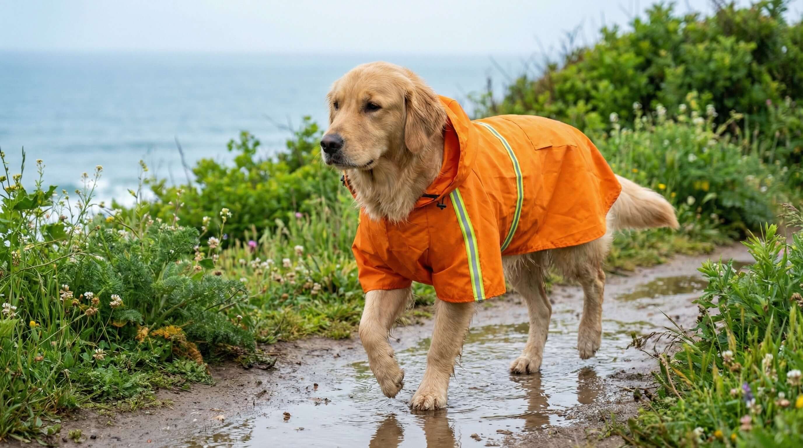Golden Retriever wearing an orange raincoat on a trail, perfect for Spring Summer Unisex Vests from Dogs & Cats.