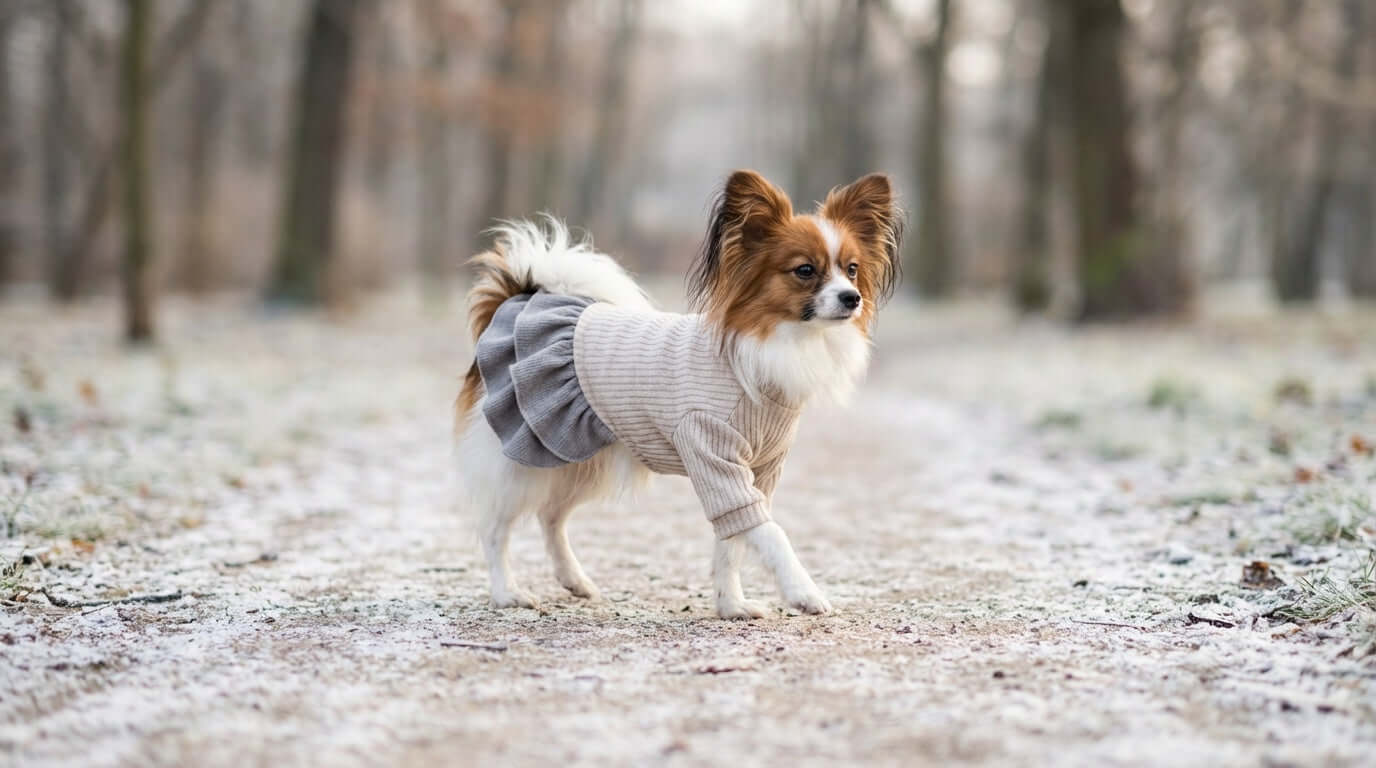 Fall Winter Female Sweaters by Dogs & Cats, showcasing a stylish dog sweater in a snowy setting.