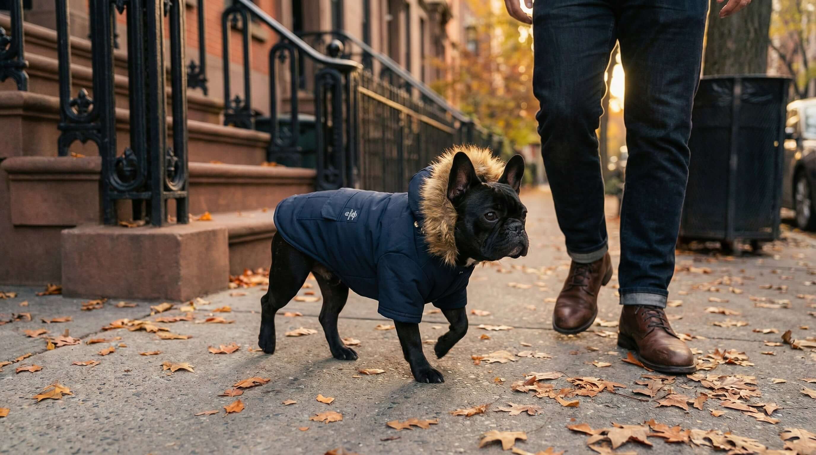 French Bulldog wearing stylish jacket from Dogs & Cats brand while walking in autumn leaves, showcasing Dogs Apparel.
