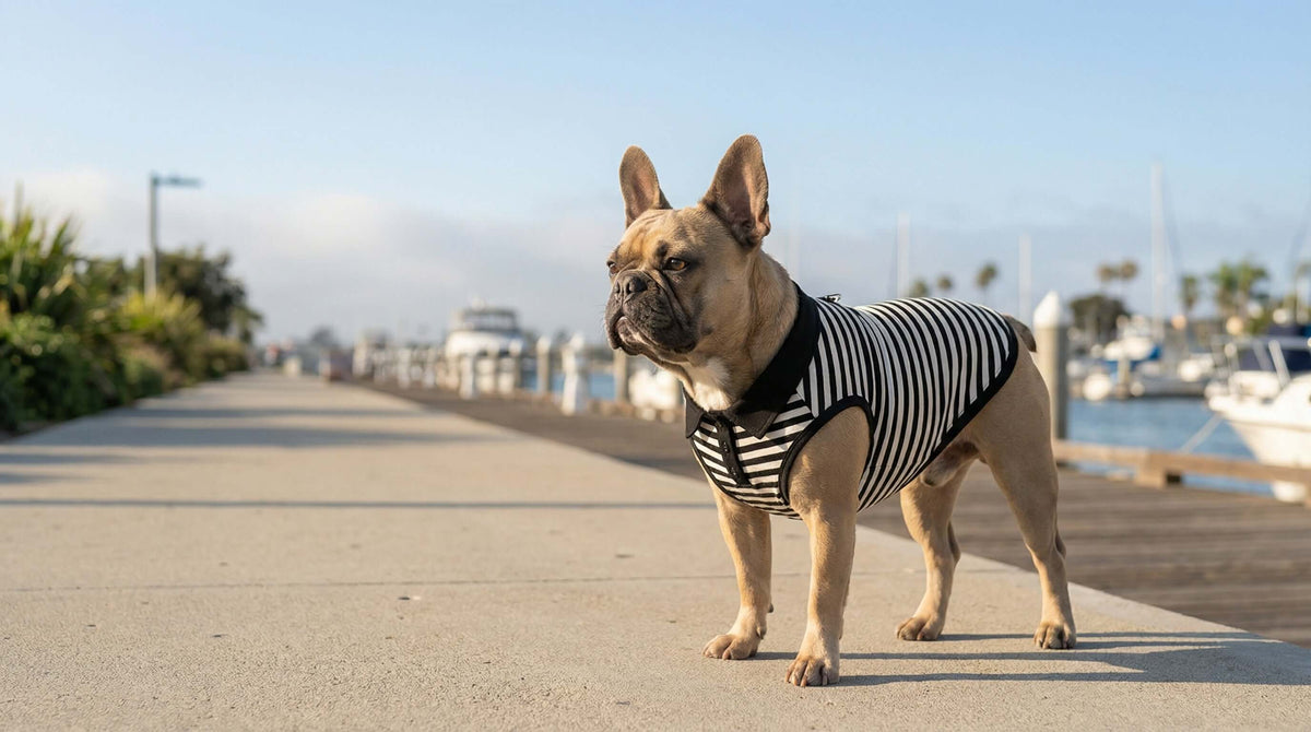 Spring Summer Unisex T Shirts displayed on a French Bulldog wearing a stylish striped outfit by Dogs & Cats.