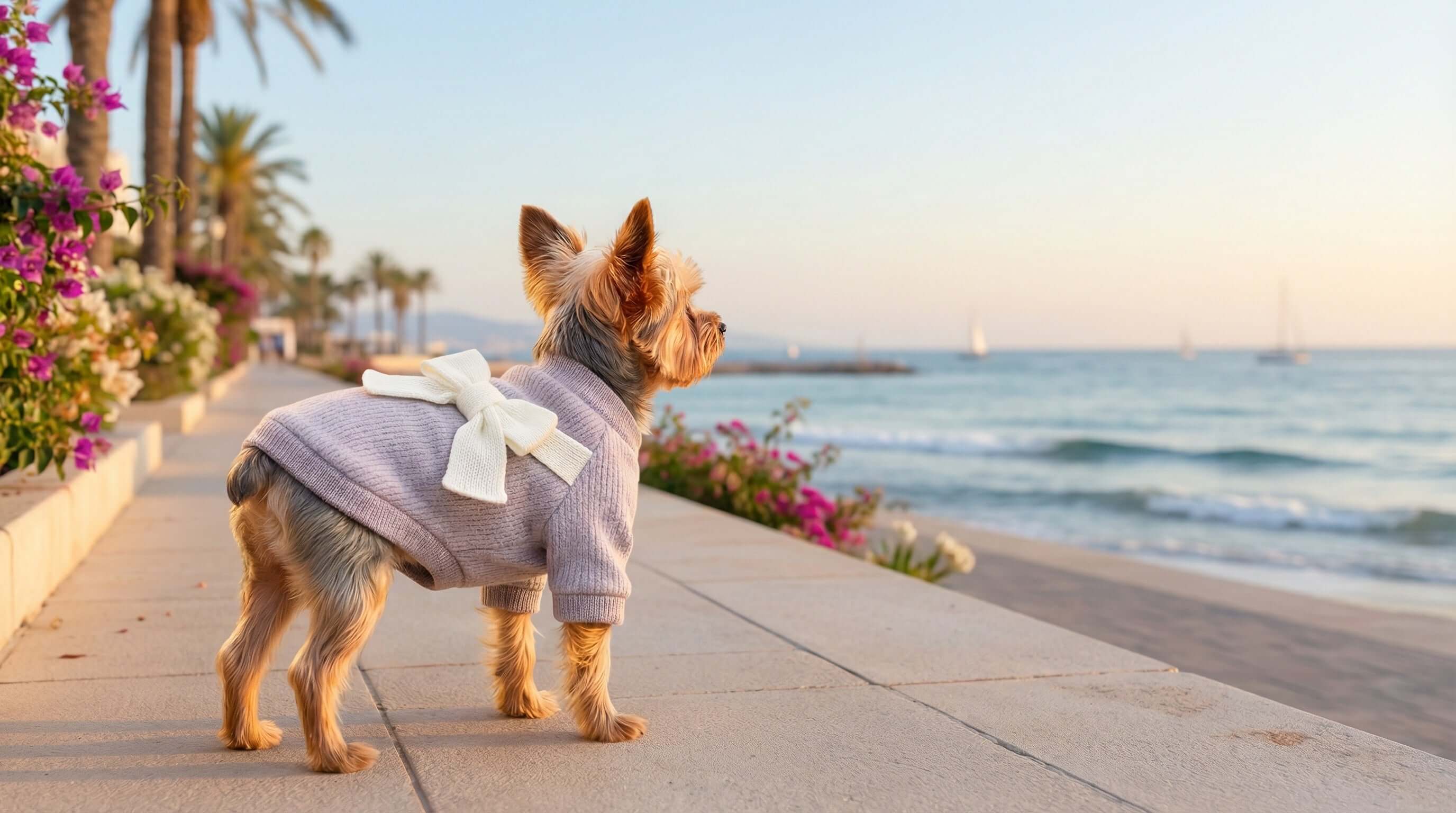 A small dog in a stylish sweater from Dogs & Cats collection, enjoying the beach view in Spring Summer Female Sweaters.
