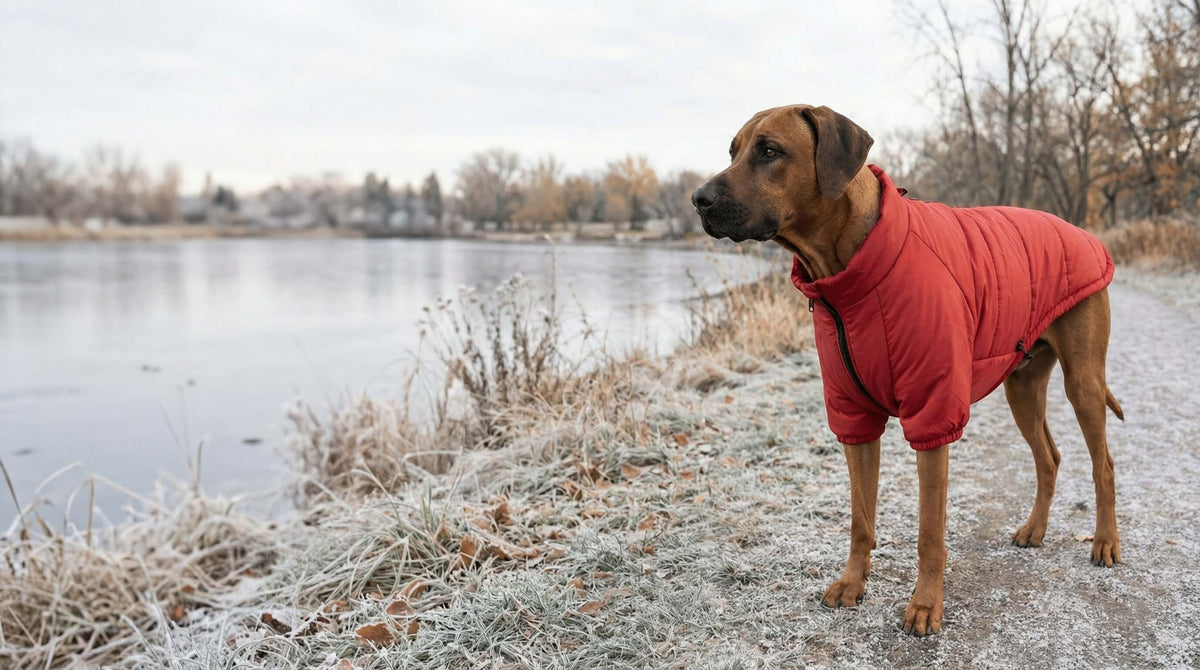 Cozy Accessories for Dogs & Cats: A dog in a red jacket by a frosty lake