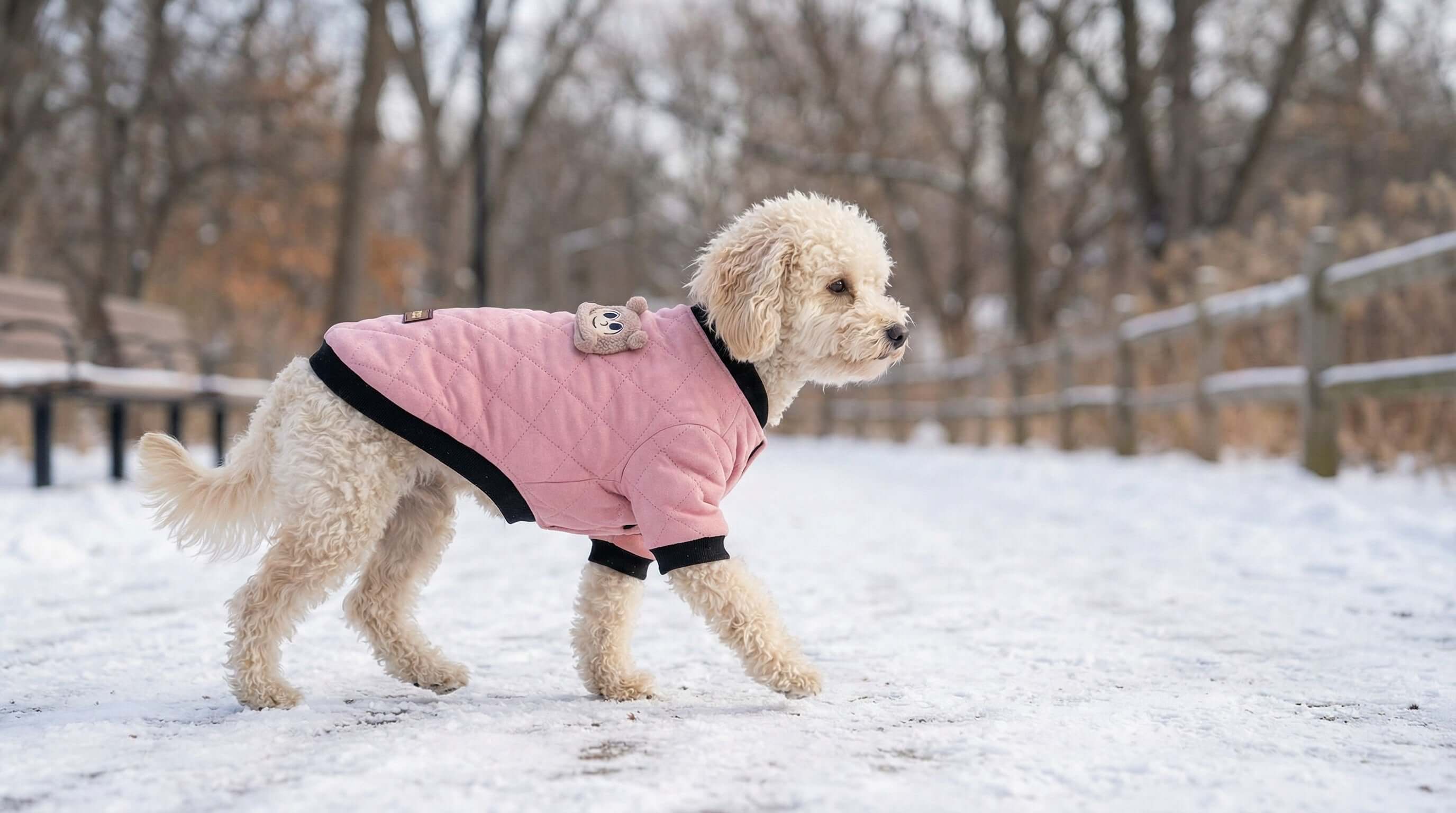 Cute dog wearing pink coat from Dogs & Cats brand during a walk in snowy terrain. Fall/Winter Apparel in action.