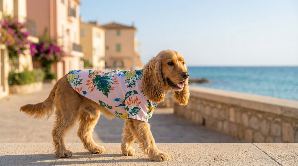 Dog in floral spring coat by Dogs & Cats brand, showcasing Spring/Summer Apparel near the sea.