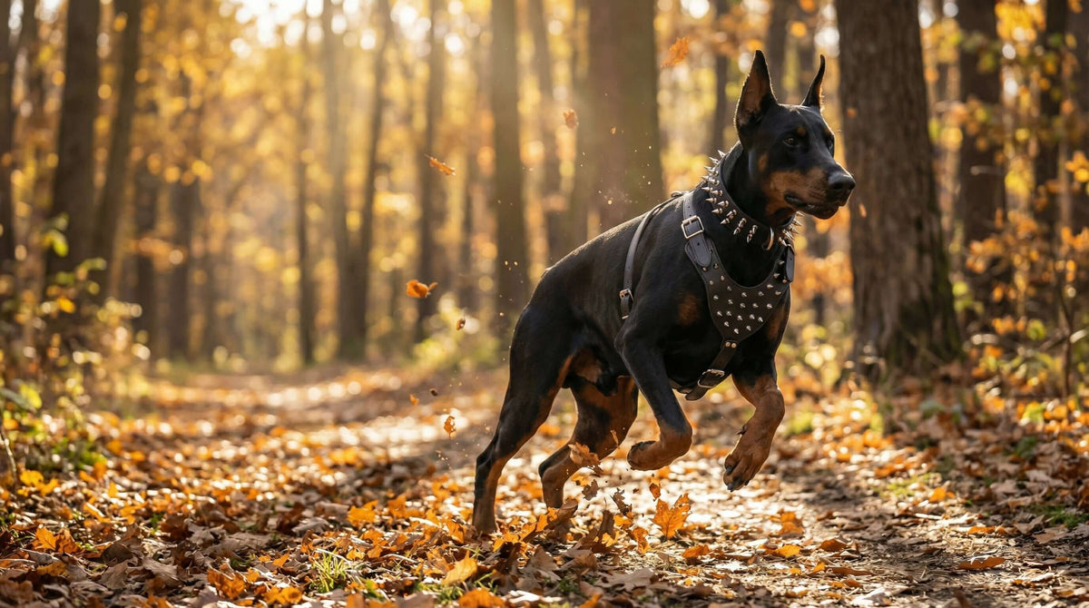 Doberman running through autumn leaves wearing Dogs & Cats Performance Gear harness in the forest.