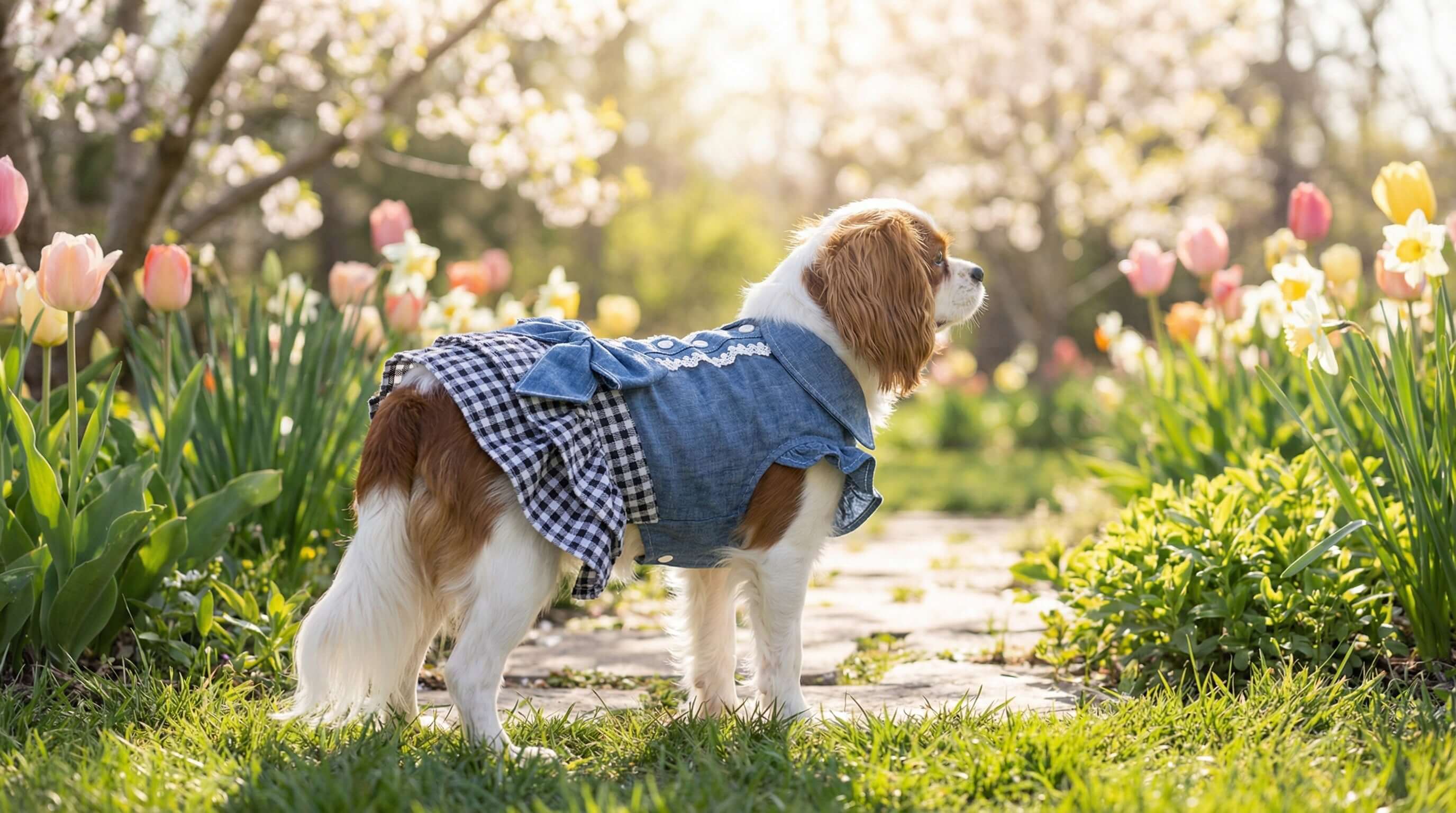 Spring / Summer Sweaters featuring a stylish dog in a floral garden, Dogs & Cats brand.