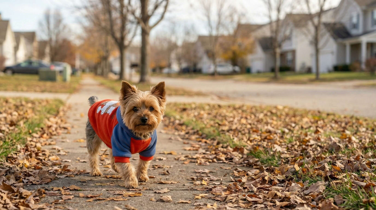 A small dog wearing a cozy sweater walking on a leaf-covered sidewalk in a neighborhood, showcasing Fall Winter Unisex Sweaters.