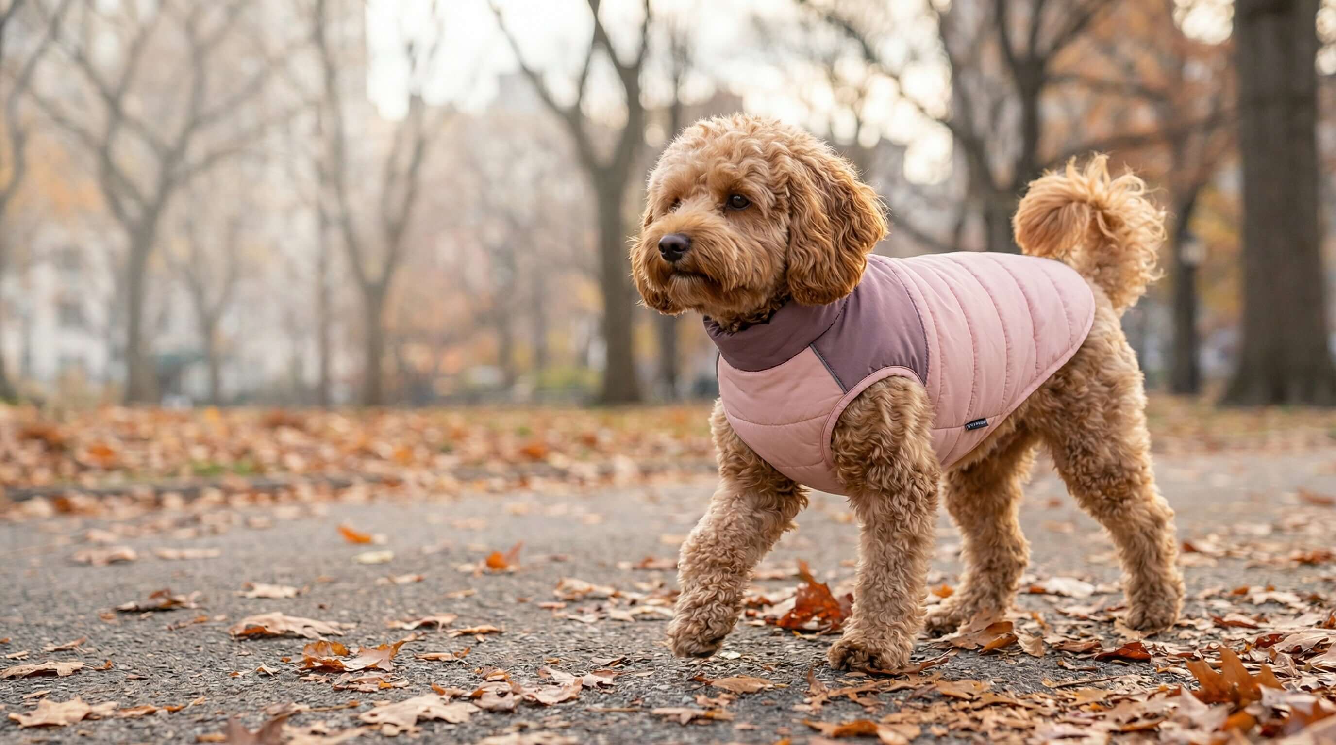 Dog in pink Fall / Winter Coats by Dogs & Cats, walking in a park covered with autumn leaves.