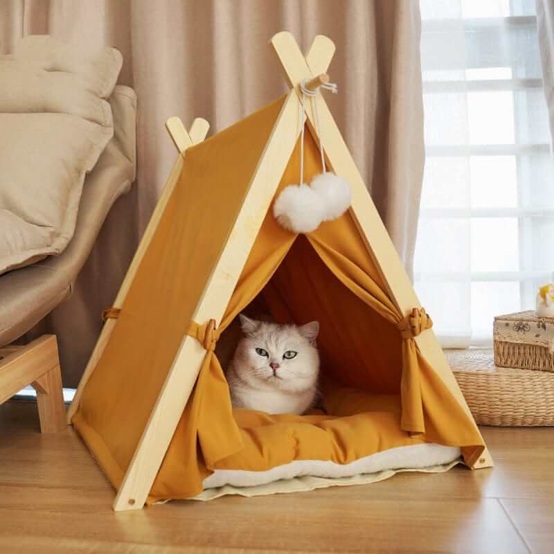 4-Season Washable Pet Tent Bed for cats featuring cozy interior and breathable fabric, perfect for all seasons.