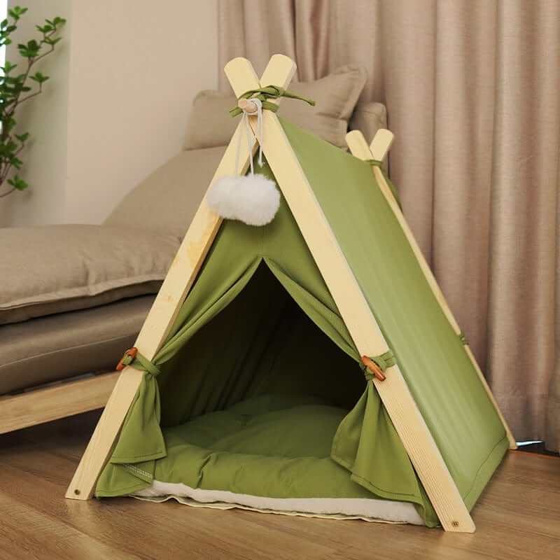 4-Season Washable Pet Tent Bed for cats and dogs, cozy green design, breathable materials, washable and easy to maintain.