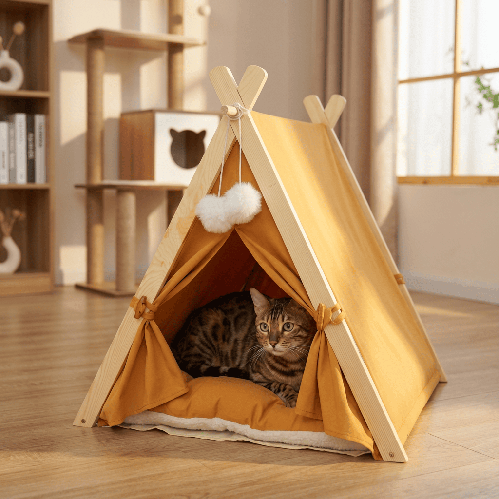 4-Season Washable Pet Tent Bed with a sleeping cat inside, cozy retreat for dogs and cats.