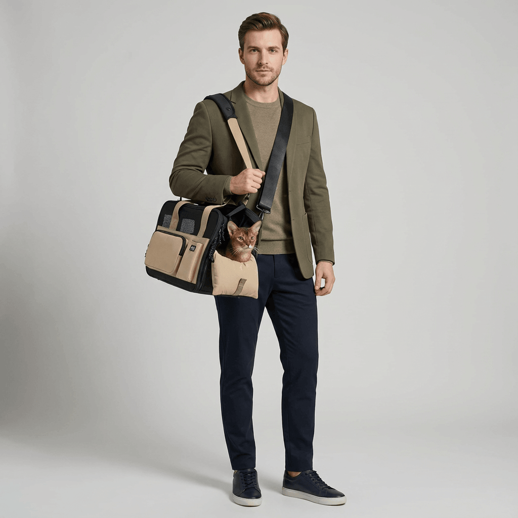 Man holding an AirComfort Portable Pet Carrier with a dog inside, showcasing comfort and style for pet travel.