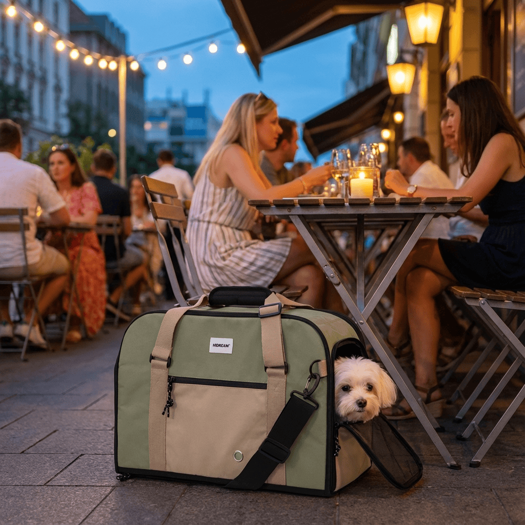 AirComfort Portable Pet Carrier for secure and comfortable travel with dogs and cats in a vibrant outdoor cafe setting.