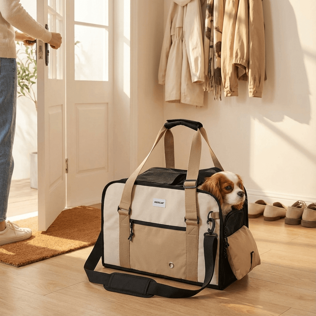 AirComfort Portable Pet Carrier for dogs and cats, featuring a breathable design and secure storage.