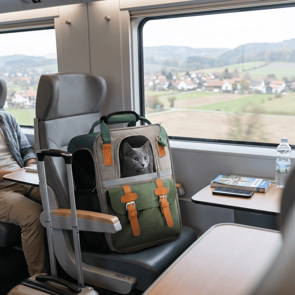 AirFlow Pet Travel Backpack for cats, featuring breathable mesh, secure and comfortable travel on a train.