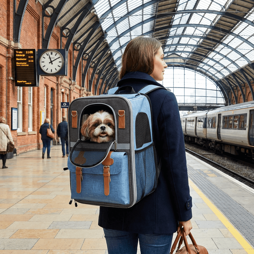 A woman at a train station using the AirFlow Pet Travel Backpack, featuring a small dog comfortably seated inside.