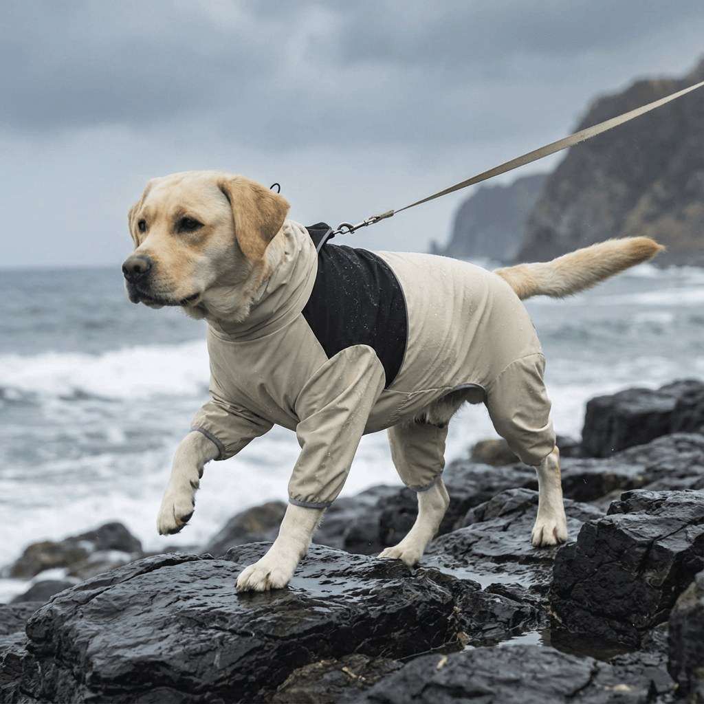 Anti-Storm Waterproof Dog Raincoat on a Labrador in a scenic coastal area, showcasing full-body waterproof coverage.