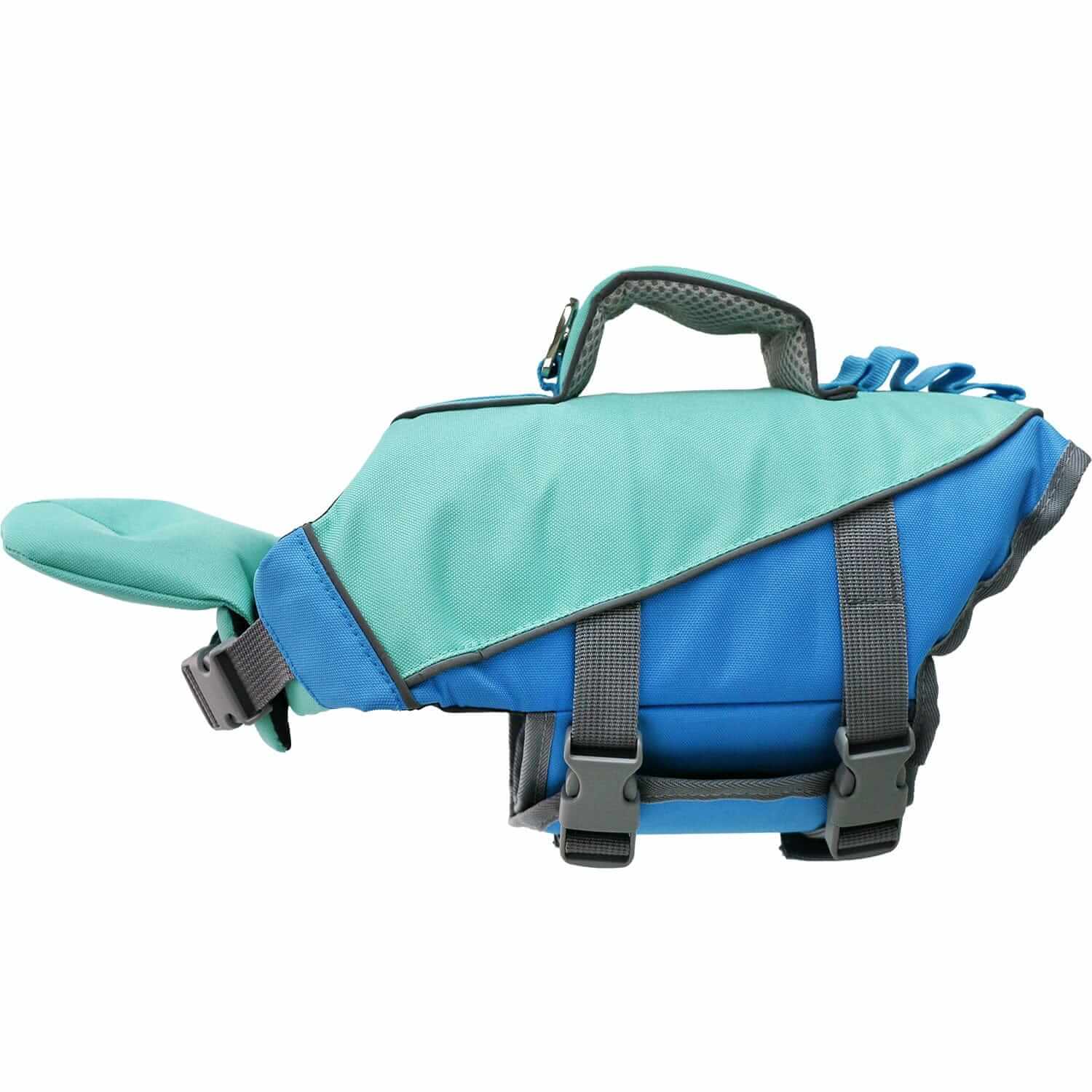 AquaGuard Shark Dog Life Jacket side view featuring adjustable straps and buoyant materials for safety in water.