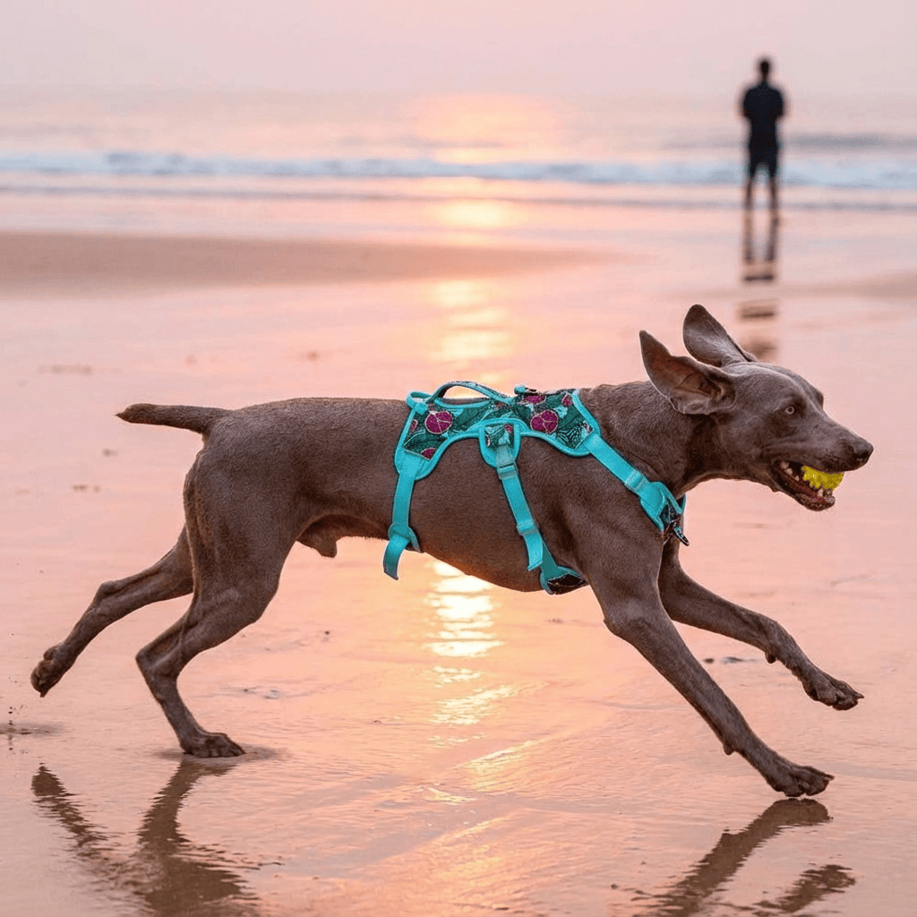 Dog running on the beach wearing AquaGuard No-Pull Dog Harness in turquoise, enjoying a game of fetch.