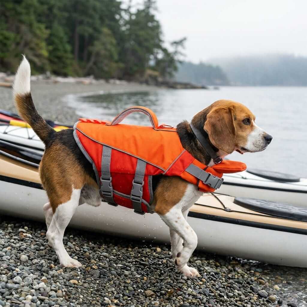 AquaGuard Shark Dog Life Jacket on a beagle at the beach, ensuring safety and visibility for water adventures.